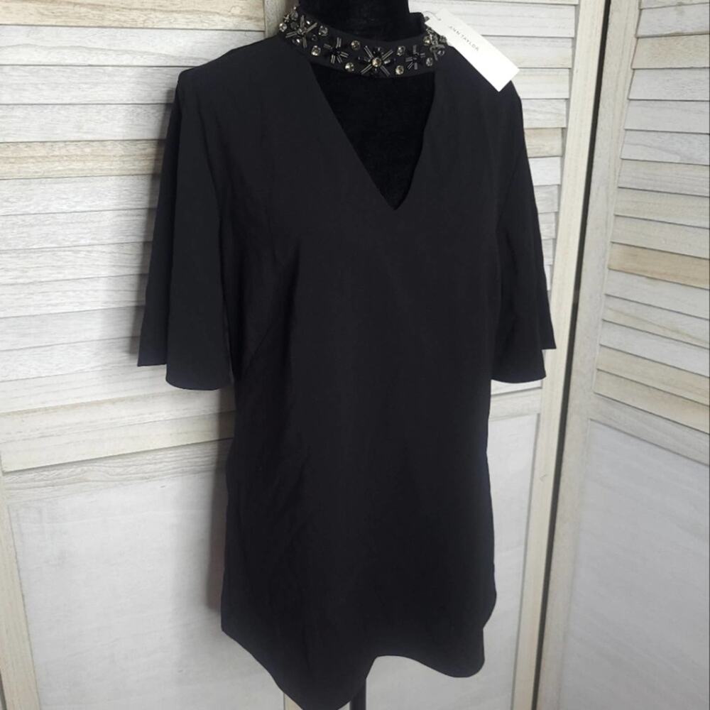 New Ann Taylor Blouse 6 Black Shirt Lined Beaded Zip Back Small Top